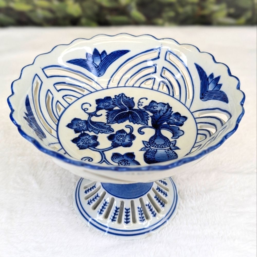 Vintage Asian Blue and White Reticulated Porcelain Fruit Bowl
